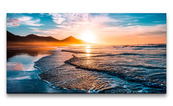 Leinwandbild 120x60cm Ozean Wellen Berge Küste Sonnenuntergang Schön