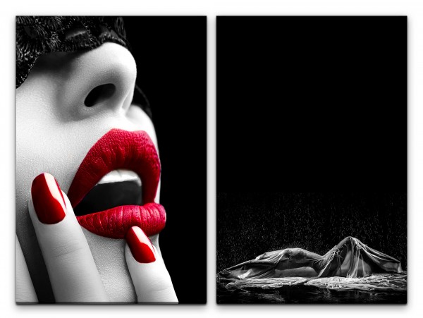 2 Bilder je 60x90cm Erotisch Lippen Rot Akt Verführerisch Schwarz Weiß