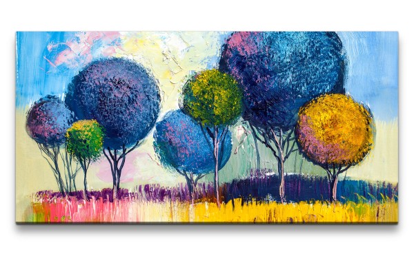 Leinwandbild 120x60cm Farbenfroh runde Bäume Kunstvoll Bunt Dekorativ