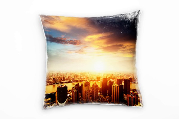 City, orange, blau, Shanghai, Sonnenuntergang Deko Kissen 40x40cm für Couch Sofa Lounge Zierkissen
