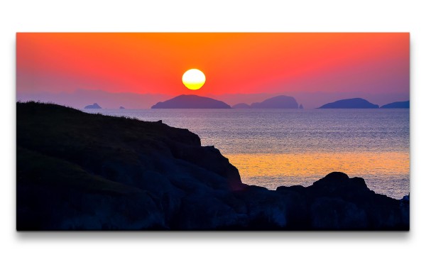 Leinwandbild 120x60cm Sonnenuntergang Abendröte Meer Berge Natur Wunderschön