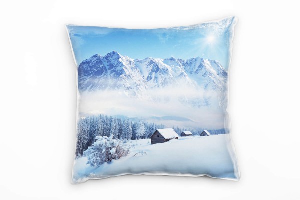 Winter, weiß, blau, Berge, Nadelwald, Hütten Deko Kissen 40x40cm für Couch Sofa Lounge Zierkissen