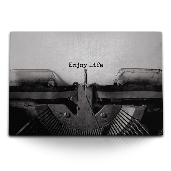 120x80cm Wandbild auf Leinwand Alte Schreibmaschine Enjoy life Schwarz Weiß Vintage