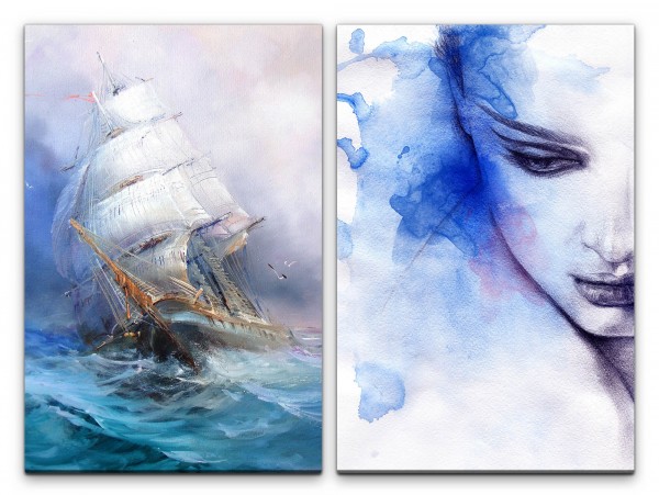 2 Bilder je 60x90cm Frauen Porträt Segelschiff Blau Sturm Engel Malerisch Meer