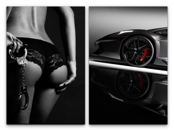2 Bilder je 60x90cm Lamborghini Sexy Dessous Schwaz Weiß Traumauto Erotisch Handschellen