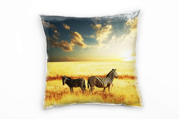Tiere, gelb, blau, Zebras, Afrika, Sonnenuntergang Deko Kissen 40x40cm für Couch Sofa Lounge Zierkis