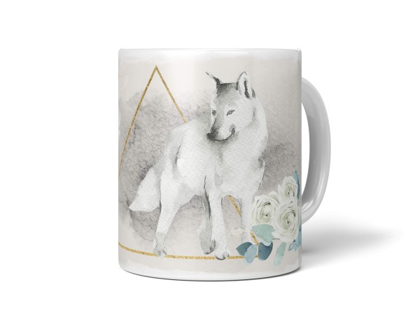 Tasse Porzellan Tier Motiv weißer Wolf Blumen Pastelltöne