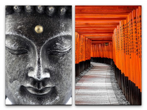 2 Bilder je 60x90cm Schrein Buddhakopf Buddhismus Japan Meditation Heilsam Yoga