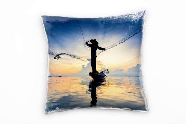 Meer, Fischernetz, Fischer, Sonnenaufgang, blau Deko Kissen 40x40cm für Couch Sofa Lounge Zierkissen