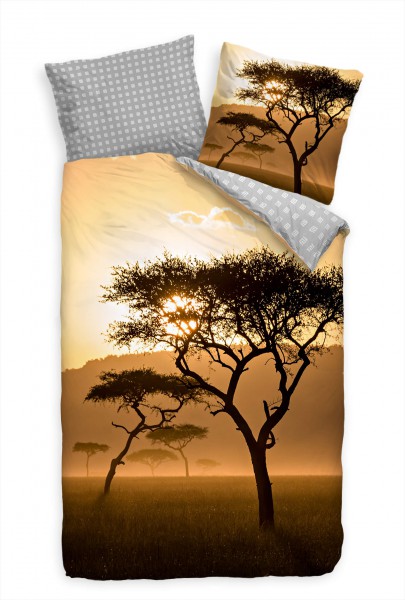 Sonnenuntergang Afrika Savanne Braun Bettwäsche Set 135x200 cm + 80x80cm Atmungsaktiv