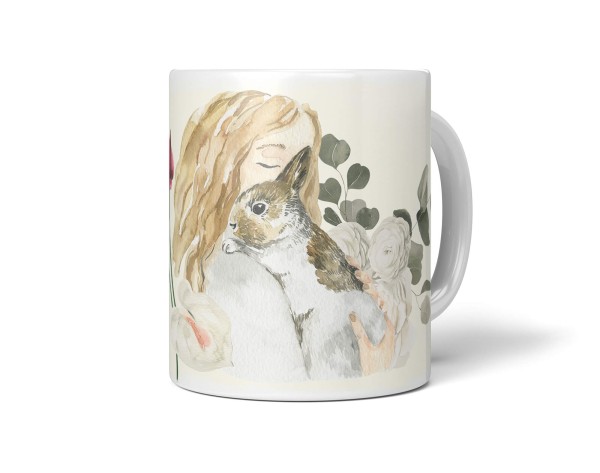 Tasse Porzellan Tier Motiv kleines Mädchen mit Kaninchen Süß Lieblich Herzig