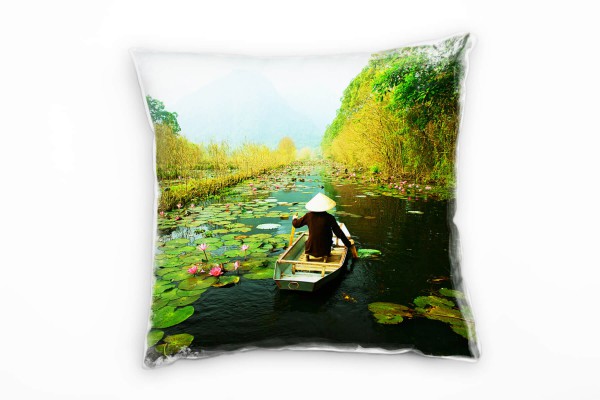 Herbst, grün, gelb, Fluss, Boot, Vietnam Deko Kissen 40x40cm für Couch Sofa Lounge Zierkissen