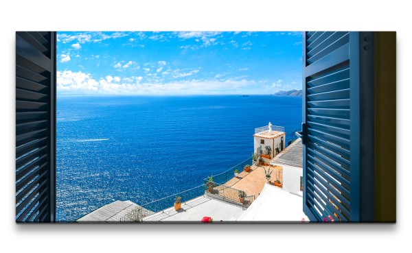 Leinwandbild 120x60cm Santorini Mittelmeer Traumurlaub Fenstersicht Aussicht Traumhaft