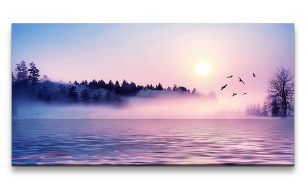 Leinwandbild 120x60cm See Nebel Sonnenaufgang Vögel Bäume Tannen Mystisch Schön