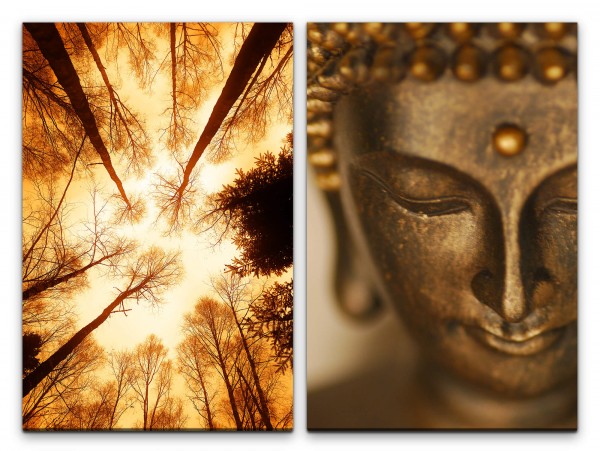 2 Bilder je 60x90cm Baumkronen Wald Buddha Harmonie Bronze Statue Meditation Achtsamkeit
