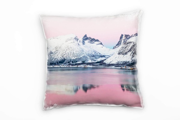Winter, schneebedeckte Berge, See, grau, rosa Deko Kissen 40x40cm für Couch Sofa Lounge Zierkissen