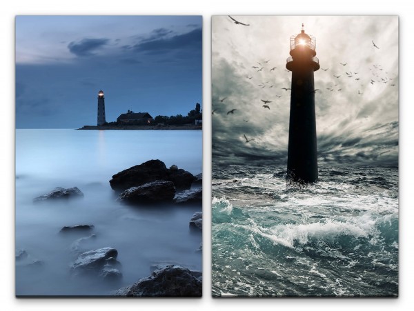 2 Bilder je 60x90cm Leuchtturm Küste Seesturm Wellen Stürmisches Meer Möwen Felsen