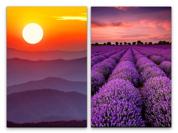 2 Bilder je 60x90cm Lavendelfeld Sonne Berge Lavendel Sonnenuntergang Abenddämmerung Horizont