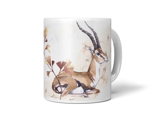 Tasse Porzellan Tier Motiv Antilope Hörner Blüten Kunstvoll Wasserfarben
