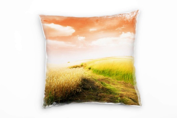 Landschaft, orange, grün, Grasfeld, Sonnenuntergang Deko Kissen 40x40cm für Couch Sofa Lounge Zierki