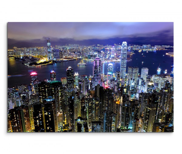 120x80cm Wandbild Hongkong Gebäude Wasser Nacht Lichter