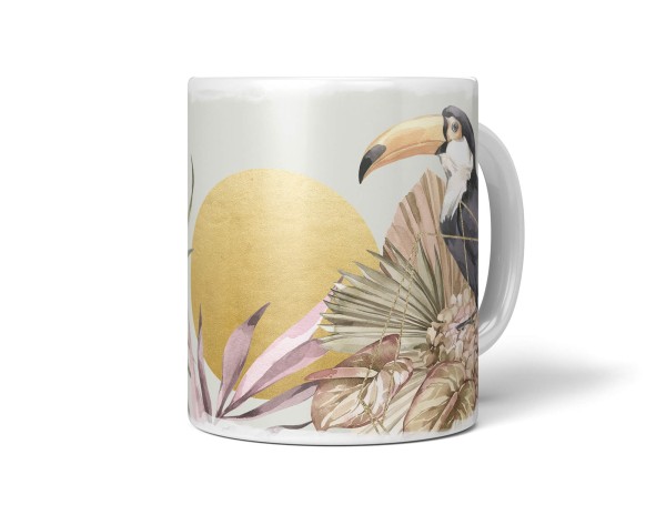 Dekorative Tasse mit schönem Vogel Motiv Tukan Exotisch schönem Design goldene Sonne