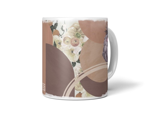 Dekorative Tasse mit schönem Vogel Motiv grauer Kakadus Blumen Vintage Design Erdtöne