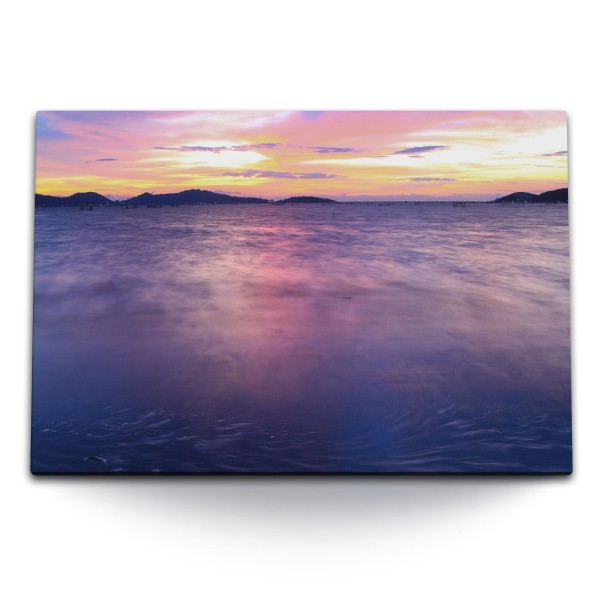 120x80cm Wandbild auf Leinwand Meer Violett roter Horizont Abendrot Sonnenuntergang