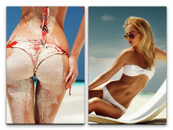 2 Bilder je 60x90cm Bikini Sexy Model Traumfigur Strand Heiß weißer Sand Sommer