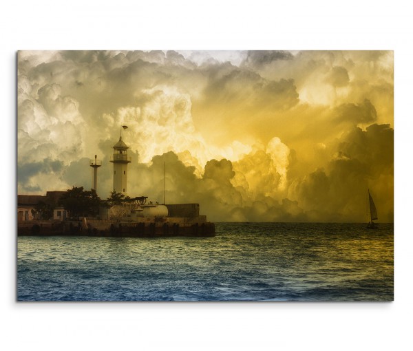 120x80cm Wandbild Leuchtturm Meer Wolken Segelboot