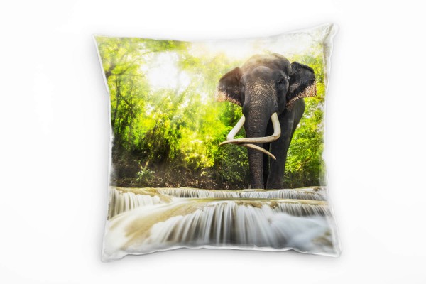 Tiere, grau, grün, Elefant, Wasserfall, Wald Deko Kissen 40x40cm für Couch Sofa Lounge Zierkissen