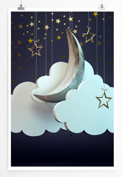 60x90cm Künstlerische Fotografie Poster Mond mit goldenen Sternen und Wolken