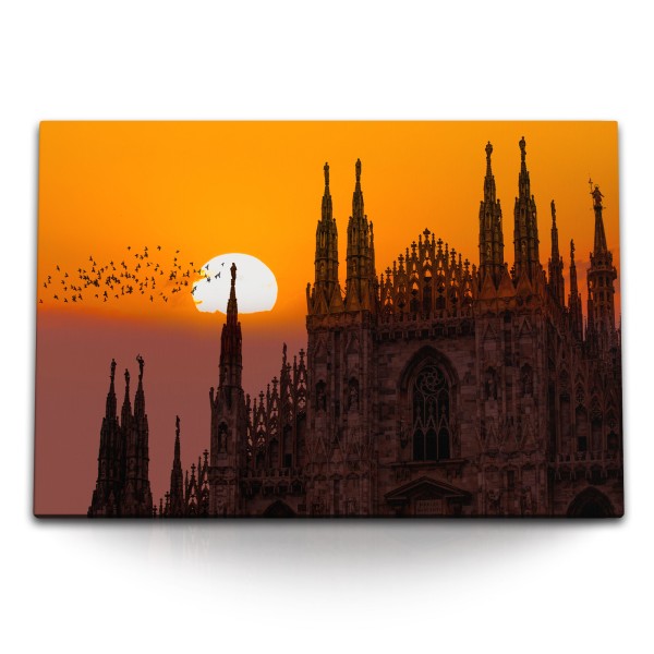 120x80cm Wandbild auf Leinwand Mailänder Dom Kathedrale Sonnenuntergang Roter Himmel