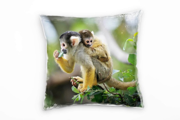 Tiere, braun, grün, Affe mit Affenbaby Deko Kissen 40x40cm für Couch Sofa Lounge Zierkissen