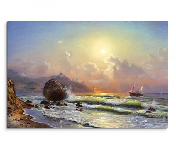 120x80cm Wandbild Meer Strand Wellen Segelboot Sonnenuntergang