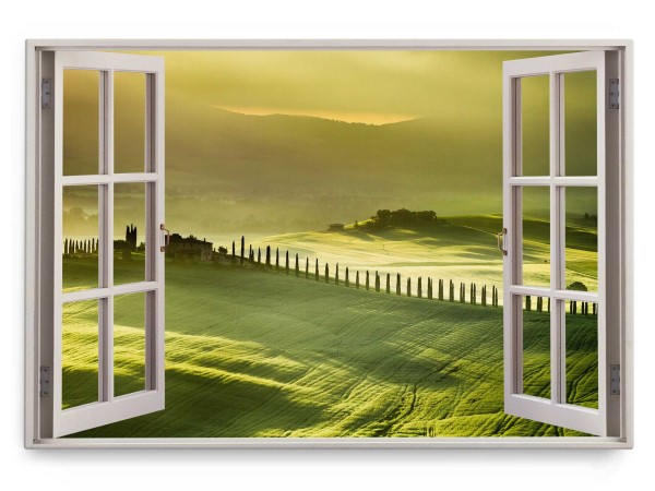 Wandbild 120x80cm Fensterbild Toskana Landschaft Morgentau Grün Hügel