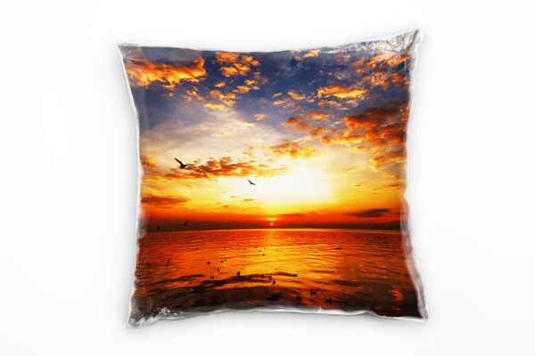 Strand und Meer, rot, blau, Vögel, Sonnenuntergang Deko Kissen 40x40cm für Couch Sofa Lounge Zierkis