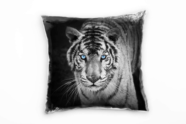 Tiere, schwarz, weiß, Tiger mit blauen Augen, Nah Deko Kissen 40x40cm für Couch Sofa Lounge Zierkiss