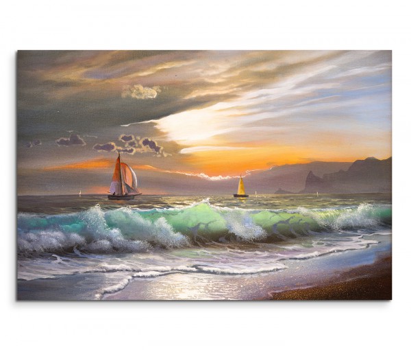120x80cm Wandbild Ölgemälde Meer Wellen Segelboot Abendrot