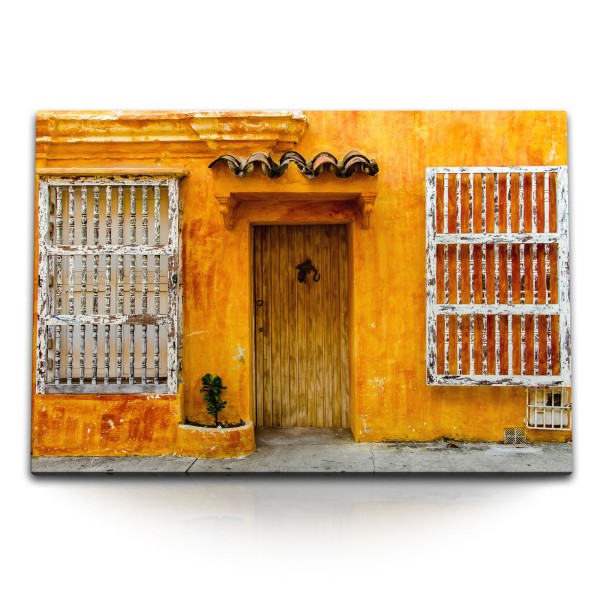 120x80cm Wandbild auf Leinwand Altes Stadthaus Kuba Orange Vintage Holztür