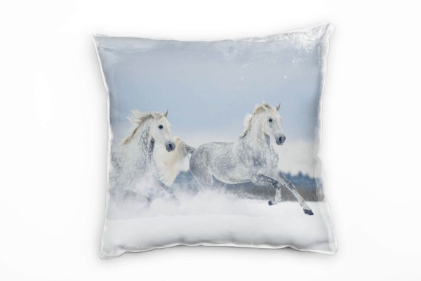 Tiere, galoppierende Pferde, Schnee, weiß, grau Deko Kissen 40x40cm für Couch Sofa Lounge Zierkissen