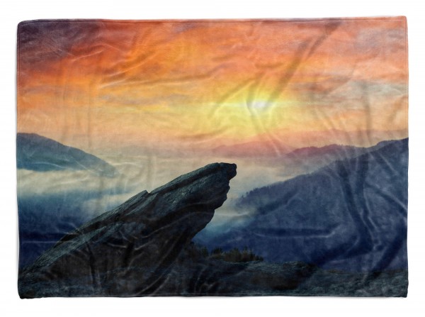 Handtuch Strandhandtuch Saunatuch Kuscheldecke mit Fotomotiv Sonnenuntergang Berge Wald