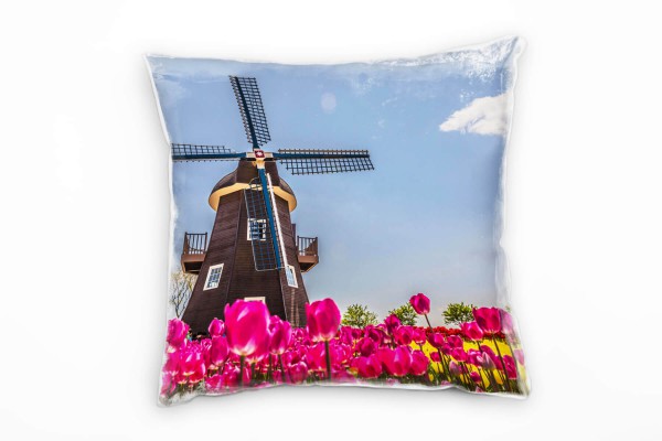 Blumen, pink, gelb, blau, braun, Tulpen, Windmühle Deko Kissen 40x40cm für Couch Sofa Lounge Zierkis