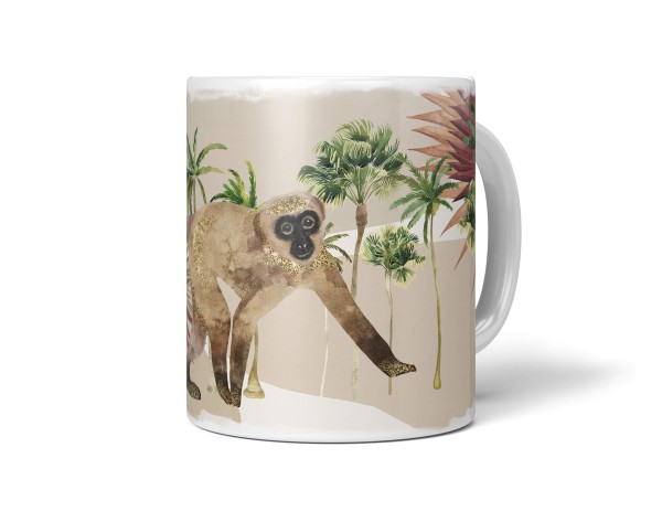 Tasse Porzellan Tier Motiv kleiner Affe Palmen Urwald Dschungel Kunstvoll