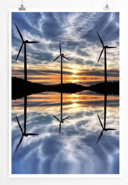 60x90cm Landschaftsfotografie Poster Windräder bei Sonnenaufgang