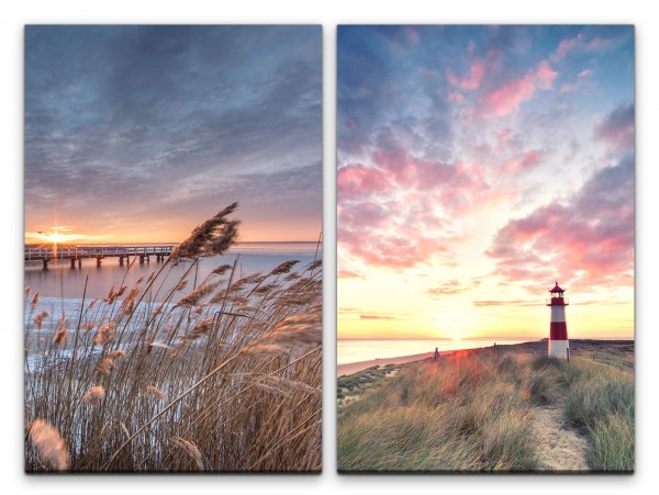 2 Bilder je 60x90cm Stranddünen Nordsee Leuchtturm Meer Strand Wolken Sonnenuntergang