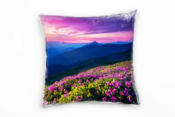 Landschaft, lila, grün, blau, Blumen, Berge, Sonne Deko Kissen 40x40cm für Couch Sofa Lounge Zierkis