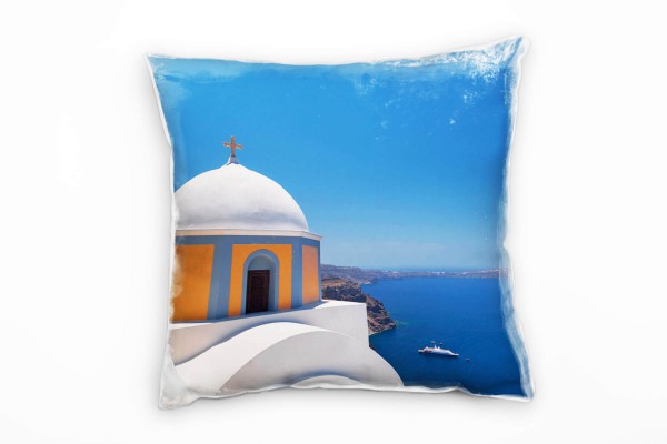 Urban, blau, weiß, orange, Santorini, Kirche, Griechenland Deko Kissen 40x40cm für Couch Sofa Lounge