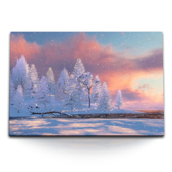 120x80cm Wandbild auf Leinwand Winterlandschaft Schnee Märchenhaft Tannen Sonnenuntergang