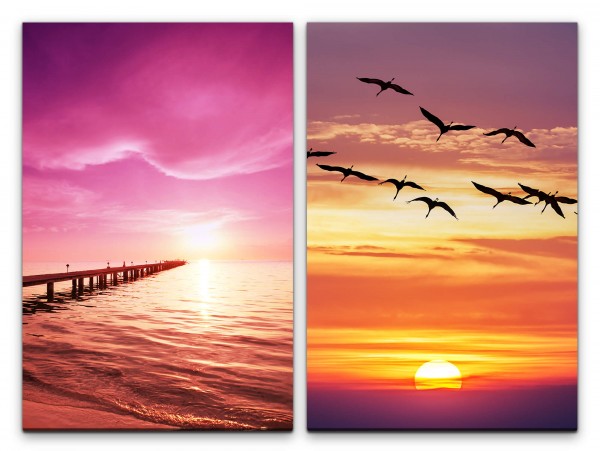 2 Bilder je 60x90cm Steg Meer Rosa Wolken Entenflug Sonnenuntergang roter Himmel Horizont